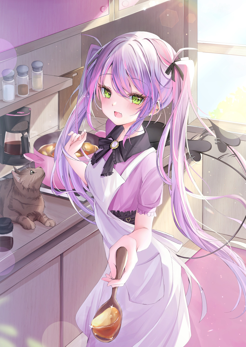 1girl absurdres afterimage alternate_costume apron black_bow black_bowtie black_ribbon blush bow bowtie cat coffee_maker cooking cooking_pot demon_tail ear_piercing fang frying_pan giving giving_food green_eyes hair_ribbon hand_up highres hololive indoors kitchen lens_flare long_hair looking_at_viewer motion_lines multicolored_hair open_mouth pepper_shaker piercing pink_hair pink_shirt potato purple_hair ribbon ririge salt_shaker shirt short_sleeves solo sparkle standing tail tail_ornament tail_piercing tail_wagging tokoyami_towa twintails two-tone_hair virtual_youtuber white_apron wooden_spoon
