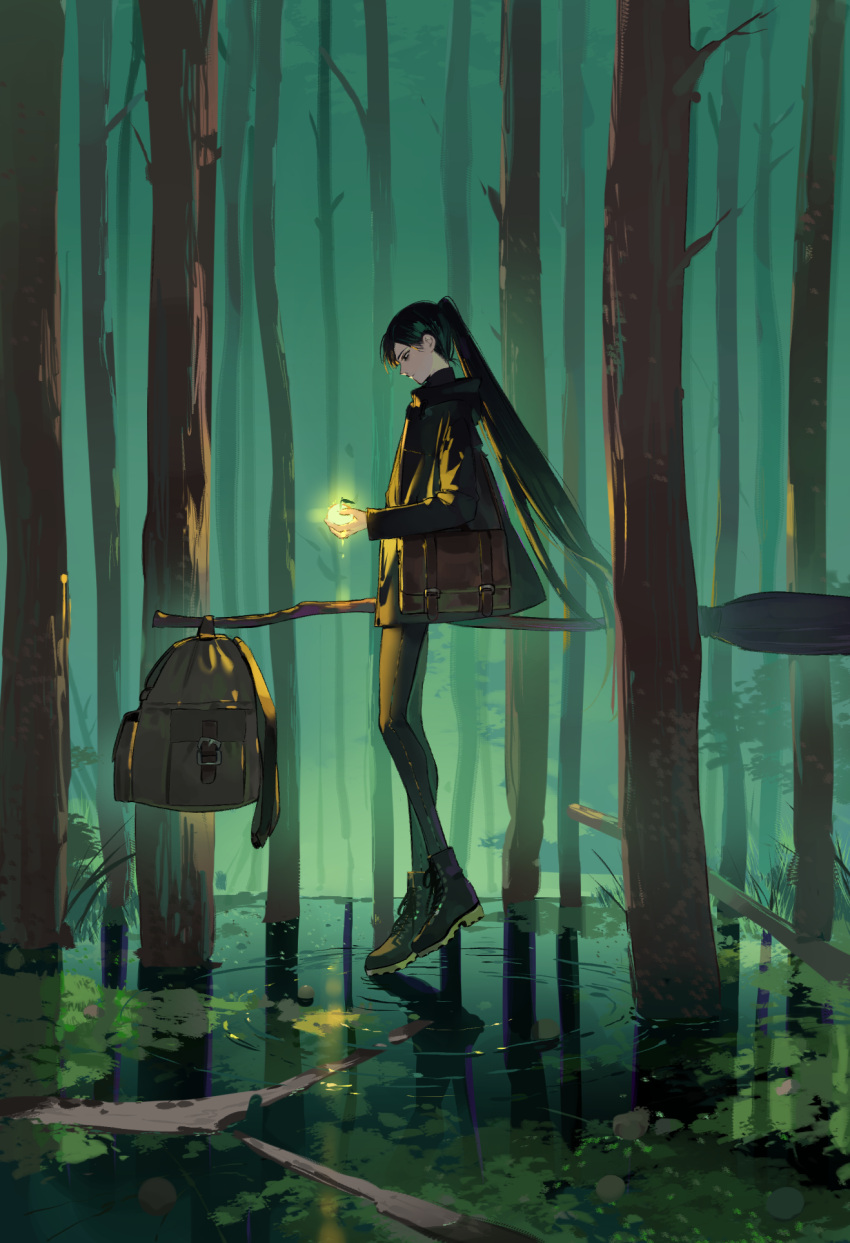 1boy backpack bag black_hair boots broom broom_riding forest glowing highres jacket long_hair male_focus mizumi_zumi nature original ponytail ripples unworn_backpack unworn_bag very_long_hair wetland
