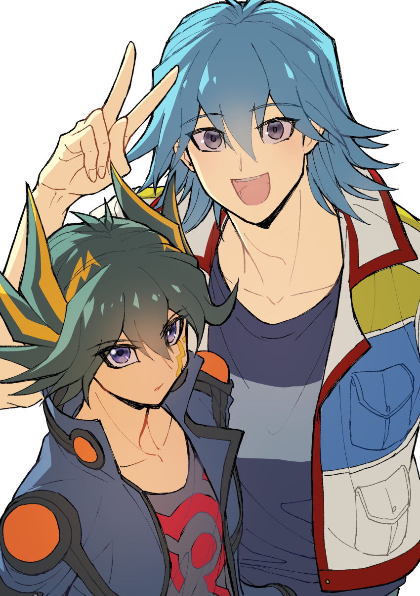 2boys absurdres black_hair black_shirt blue_eyes blue_hair blue_jacket blue_shirt bruno_(yu-gi-oh!) collarbone commentary_request facial_mark facial_tattoo from_above fudou_yuusei grey_eyes hand_up happy high_collar highres jacket male_focus marking_on_cheek multicolored_hair multiple_boys open_clothes open_jacket open_mouth parted_lips shirt short_hair shoulder_pads simple_background smile spiky_hair standing streaked_hair tattoo v white_background youko-shima yu-gi-oh! yu-gi-oh!_5d's