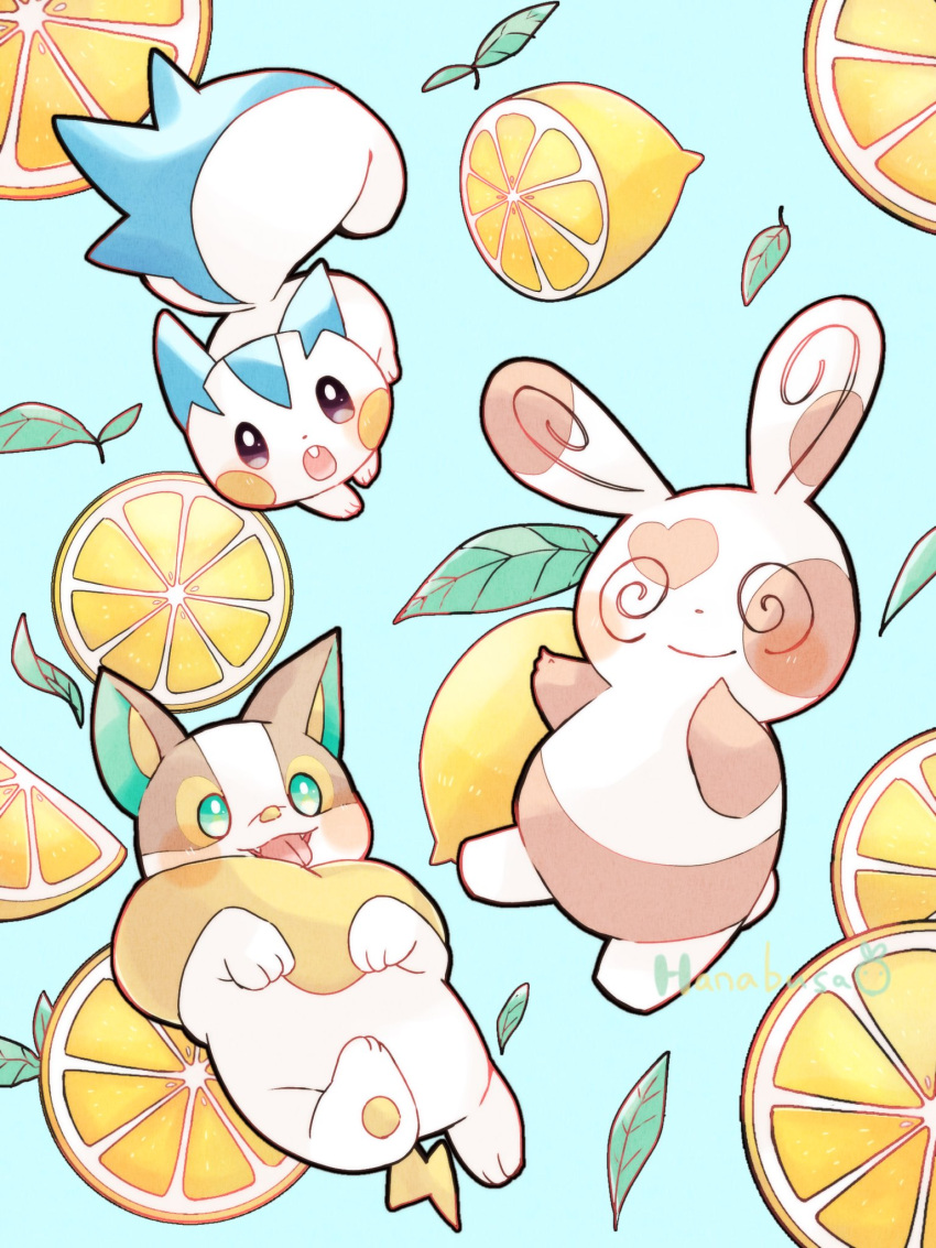 animal_focus artist_name blue_background commentary_request dog food fruit green_eyes hanabusaoekaki heart highres leaf lemon lemon_slice no_humans open_mouth pachirisu pawpads pokemon pokemon_(creature) simple_background solid_oval_eyes spinda tail teeth tongue tongue_out upper_teeth_only yamper