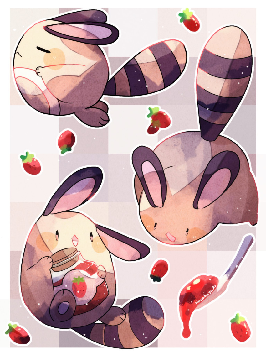 animal_focus brown_fur closed_eyes commentary_request cookie food fruit hanabusaoekaki highres no_humans open_mouth pokemon pokemon_(creature) sentret solid_oval_eyes spoon strawberry strawberry_jam tail