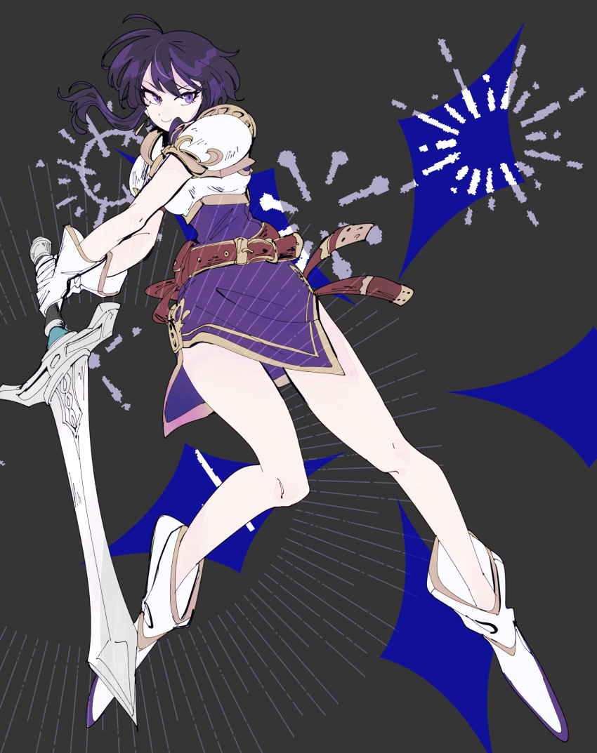 1girl absurdres armor bare_legs belt black_hair boots closed_mouth diamond_(shape) earrings fire_emblem fire_emblem:_genealogy_of_the_holy_war gloves highres holding holding_sword holding_weapon jewelry larcei_(fire_emblem) meekatsumee purple_tunic short_hair shoulder_armor sidelocks simple_background skirt smile solo sword tunic violet_eyes weapon