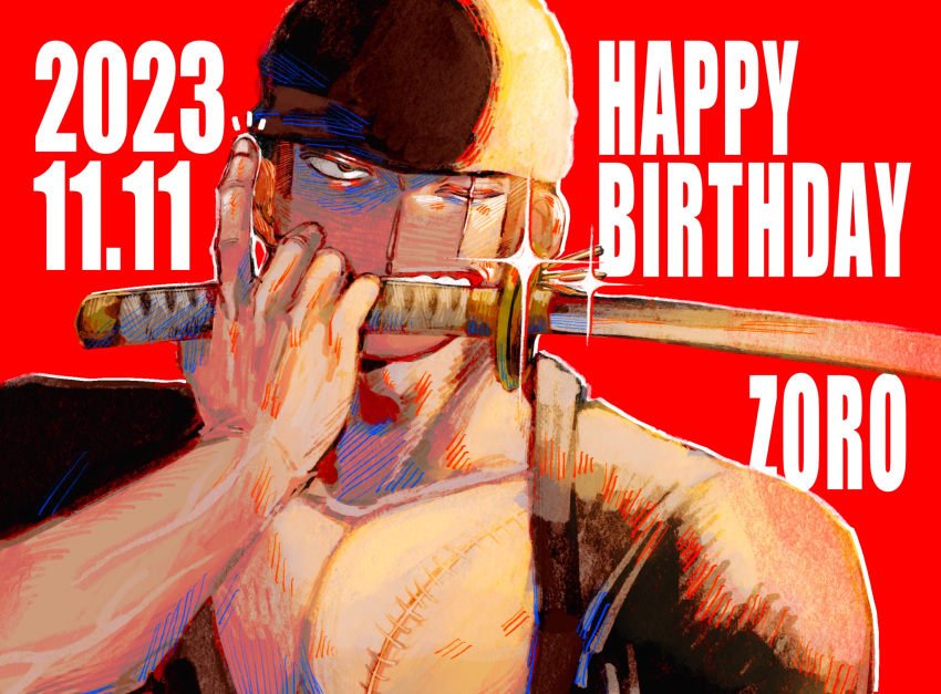 1boy bandana black_bandana black_kimono fuga_si glint green_hair happy_birthday highres holding holding_sword holding_weapon japanese_clothes kimono male_focus mouth_hold one_piece pectoral_cleavage pectorals red_background roronoa_zoro scar scar_across_eye short_hair solo sword upper_body veins veiny_arms weapon weapon_in_mouth