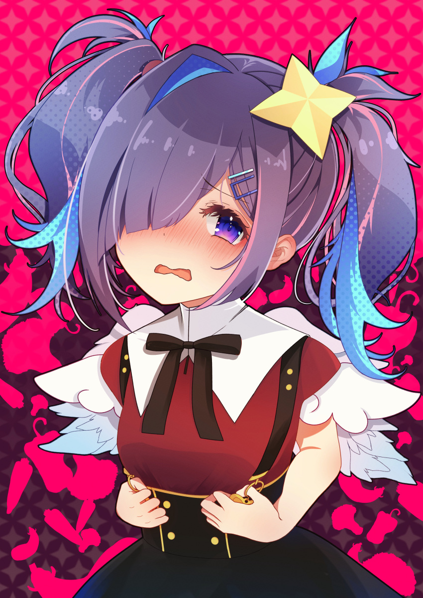 1girl absurdres amane_kanata ame-chan_(needy_girl_overdose) ame-chan_(needy_girl_overdose)_(cosplay) anita_pastorale black_hair black_ribbon black_skirt blue_hair blush collared_shirt commentary_request cosplay feathered_wings frown hair_ornament hair_over_one_eye hairclip highres hololive long_hair looking_at_viewer multicolored_hair neck_ribbon needy_girl_overdose nose_blush open_mouth pink_background red_shirt ribbon shirt shy skirt solo star_(symbol) star_hair_ornament streaked_hair suspender_skirt suspenders twintails violet_eyes virtual_youtuber wavy_mouth white_wings wings
