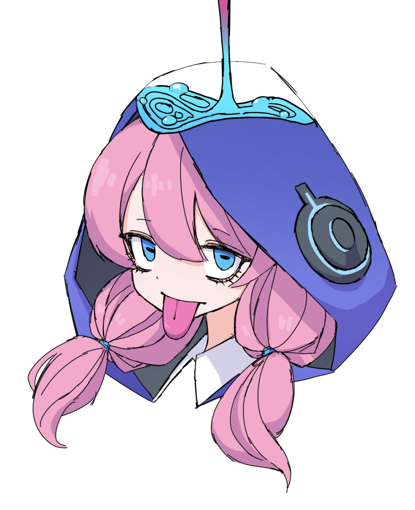 1girl arknights blue_eyes blue_poison_(arknights) collared_shirt dr_yamero hair_between_eyes highres hood horizontal_pupils looking_at_viewer pink_hair purple_hood shirt simple_background tongue tongue_out twintails white_background