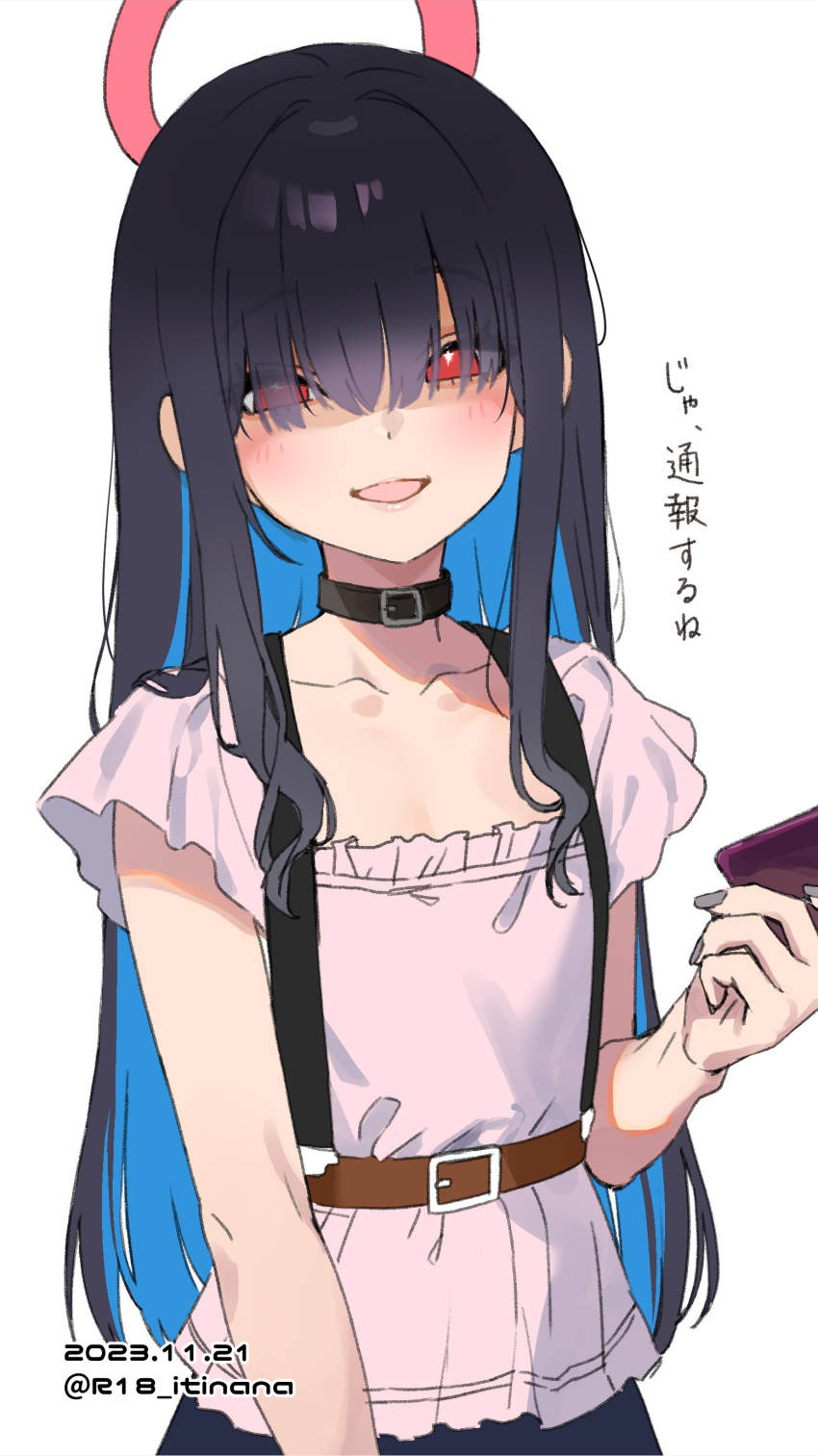 1girl absurdres belt black_choker black_hair blue_archive blue_hair bright_pupils brown_belt choker collarbone colored_inner_hair commentary dated frilled_shirt frilled_sleeves frills grey_nails hair_over_eyes halo highres holding holding_wallet justice_task_force_member_(blue_archive) mokyutan multicolored_hair nail_polish open_mouth pink_shirt red_eyes red_halo shirt short_sleeves simple_background smile solo standing straight_hair translation_request twitter_username two-tone_hair upper_body wallet white_background white_pupils