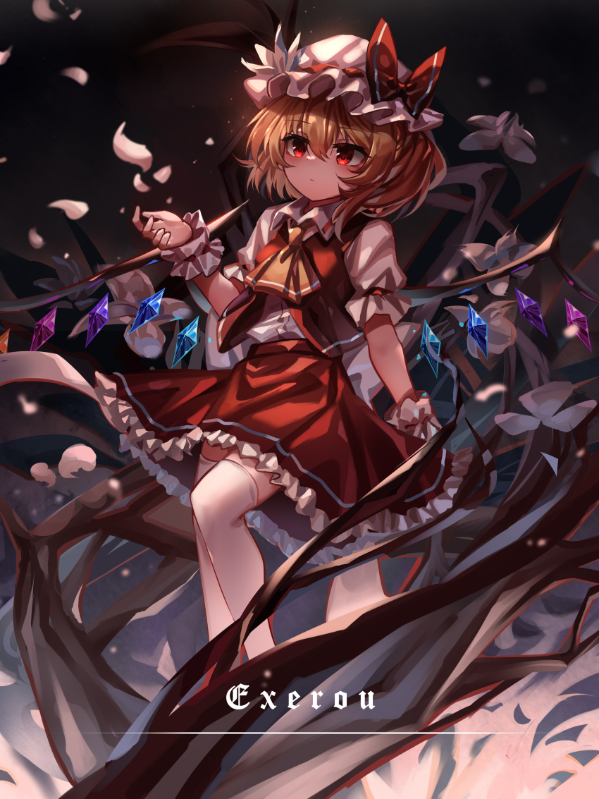 1girl absurdres blonde_hair closed_mouth crystal flandre_scarlet frilled_skirt frills gradient_background hat hat_ribbon highres mob_cap one_side_up red_eyes red_ribbon red_skirt red_vest ribbon shirt short_sleeves signature skirt solo thigh-highs top-exerou touhou vest white_headwear white_shirt white_thighhighs wings wrist_cuffs