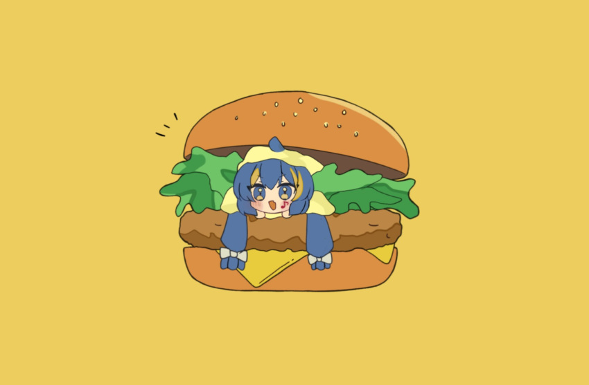1girl blue_eyes blue_hair bow burger cheese chibi fang food food_focus gomau_(gomadareeee_) hair_bow highres lettuce long_hair low-tied_long_hair mini_person minigirl musical_note_tattoo notice_lines on_food open_mouth otomachi_una otomachi_una_(sugar) sesame_seeds simple_background skin_fang vocaloid yellow_background