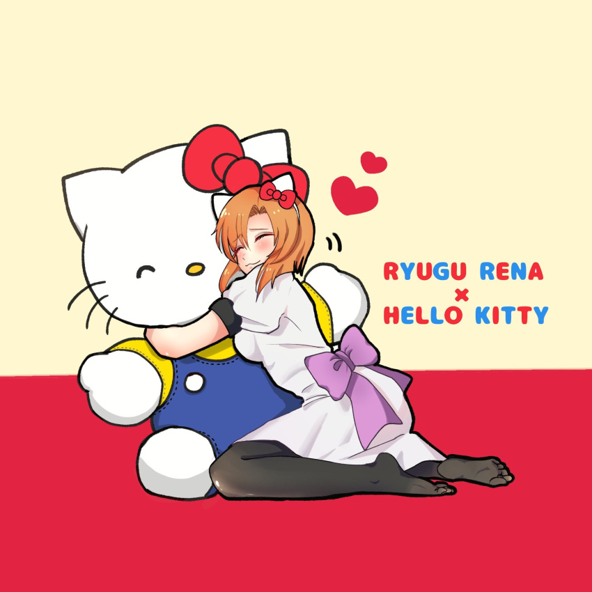 1girl :3 arched_back back_bow black_outline blue_overalls blunt_ends blush bow breasts cat cat_ear_hairband character_name closed_eyes commentary_request dot_nose dress feet from_side full_body furrowed_brow hair_bow hello_kitty hello_kitty_(character) highres higurashi_no_naku_koro_ni hug kneeling medium_breasts medium_hair outline overalls pantyhose parted_bangs puffy_short_sleeves puffy_sleeves purple_bow red_background red_bow ryuuguu_rena sanrio shirt short_sleeves simple_background smile soles white_dress yellow_background yellow_shirt yuno_ff