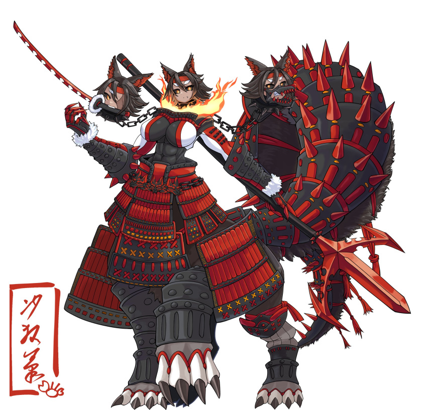 1girl 7shiomaneki53 abs absurdres animal_ears armor black_hair black_sclera breasts cerberus chain claws colored_sclera commission dark-skinned_female dark_skin dou fire floating_head full_body highres holding holding_polearm holding_sword holding_weapon japanese_armor jumonji_yari katana kusazuri large_breasts looking_at_viewer menpoo mouth_hold multiple_heads muscular muscular_female original polearm red_eyes skeb_commission solo suneate sword tail taur teeth_hold weapon white_background