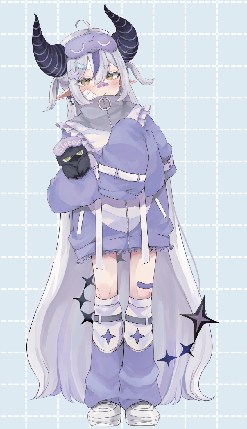 absurdres ahoge alternate_costume bandaid bandaid_hair_ornament bandaid_on_face bandaid_on_knee bandaid_on_leg bandaid_on_nose black_horns braid braided_bangs crow_(la+_darknesss) earrings fang fang_out grey_hair highres hololive horns jewelry la+_darknesss long_hair multicolored_hair mutsumi326 pointy_ears purple_hair sleep_mask sleeves_past_fingers sleeves_past_wrists streaked_hair striped_horns two_side_up very_long_hair yellow_eyes