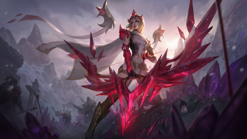 1girl 3others absurdres arrow_(projectile) ashe_(league_of_legends) black_gloves blonde_hair bow_(weapon) closed_mouth clouds cloudy_sky cold crystal crystalis_motus_ashe fingerless_gloves full_body gloves hair_ornament highres holding holding_arrow holding_bow_(weapon) holding_weapon league_of_legends light_particles looking_to_the_side monster mountain multiple_others official_alternate_costume official_alternate_hairstyle official_art outdoors red_eyes short_hair single_fingerless_glove sky snow snowing solo_focus standing sunlight thigh-highs weapon