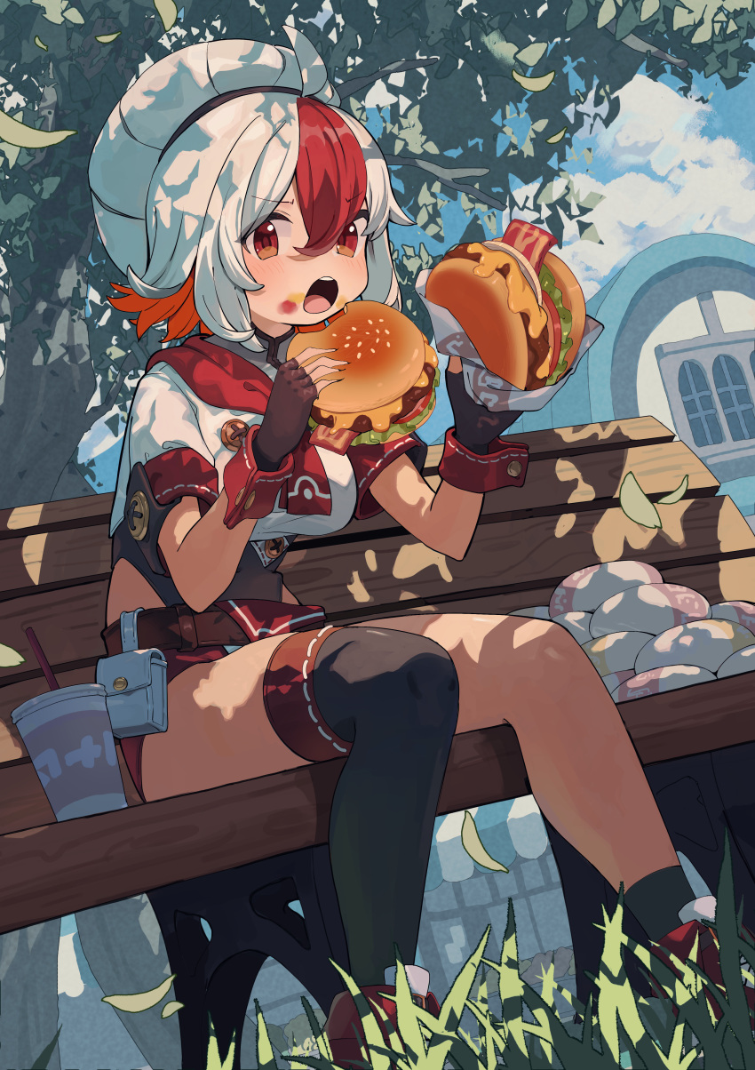 1girl absurdres ahoge ankle_socks asymmetrical_legwear belt belt_pouch beret black_leotard black_socks black_thighhighs breasts brown_belt brown_gloves burger commentary covered_navel cropped_shirt day eating english_commentary feet_out_of_frame fingerless_gloves food food_on_face gloves grass greentanuki hair_between_eyes hat highres holding holding_food leotard leotard_under_clothes looking_at_viewer medium_breasts multicolored_hair neckerchief on_bench open_mouth orange_hair original outdoors pouch red_eyes red_footwear red_neckerchief red_shorts redhead shirt short_hair short_sleeves shorts single_thighhigh sitting socks solo streaked_hair teeth thigh-highs tree two-tone_hair uneven_legwear upper_teeth_only white_hair white_headwear white_shirt wooden_bench wrist_cuffs