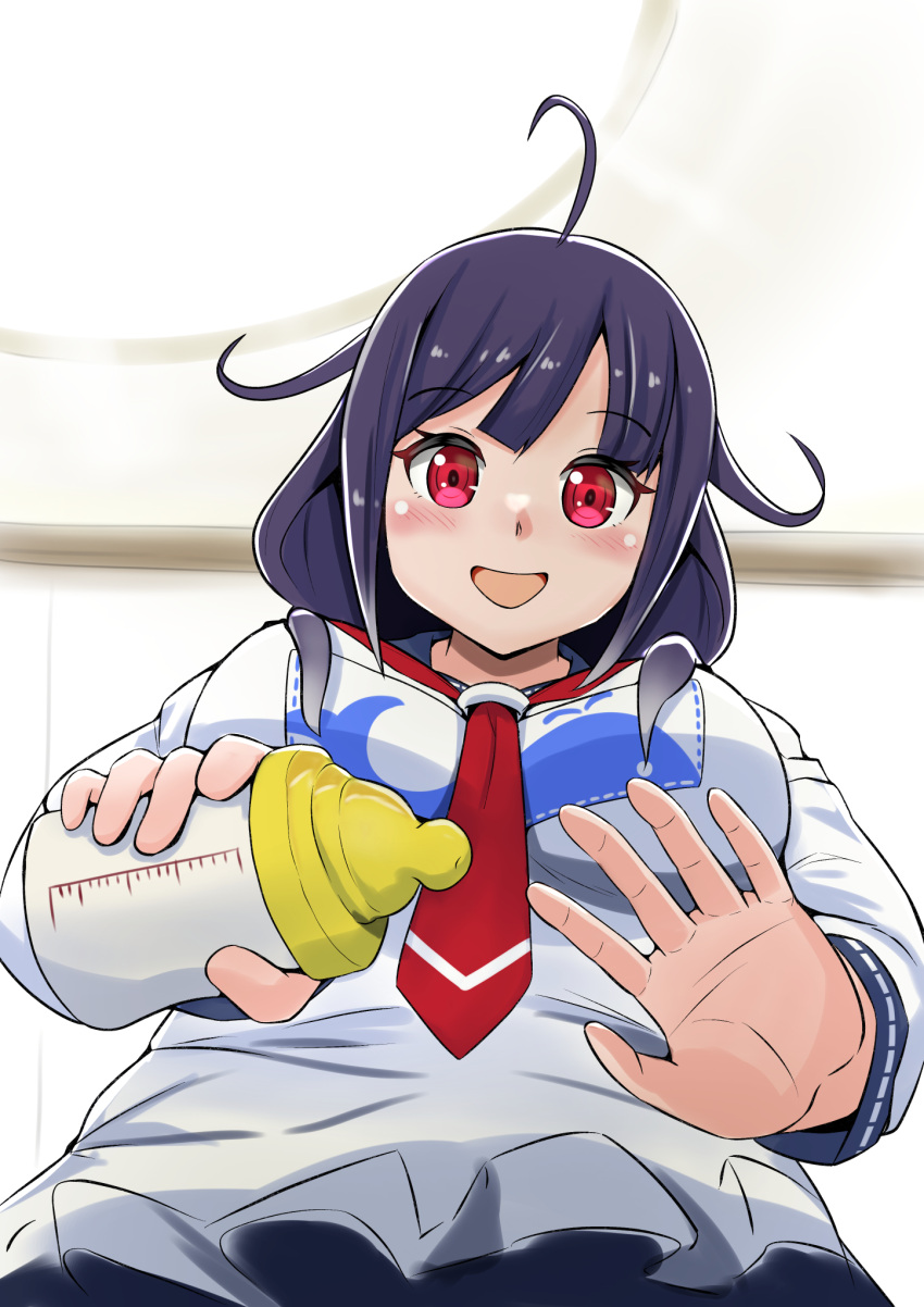 1girl ahoge akashieru animal_print apron baby_bottle bottle cowboy_shot fish_print from_below hair_flaps highres kantai_collection looking_at_viewer low_twintails neckerchief one-hour_drawing_challenge pov purple_hair red_eyes red_neckerchief school_uniform serafuku smile solo taigei_(kancolle) twintails whale_print