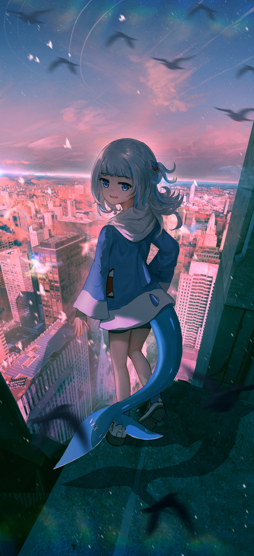 1girl absurdres advarcher aurora bird black_shorts blue_eyes blue_hair blue_hoodie blunt_bangs cityscape clouds cube_hair_ornament english_commentary fins fish_tail gawr_gura gawr_gura_(1st_costume) grey_hair hair_ornament highres hololive hololive_english hood hoodie long_sleeves looking_at_viewer medium_hair multicolored_hair new_york outdoors scenery shark_girl shark_hair_ornament shark_tail sharp_teeth shoes shorts sidelocks sky sneakers solo standing standing_on_roof streaked_hair tail teeth virtual_youtuber white_footwear wide_sleeves