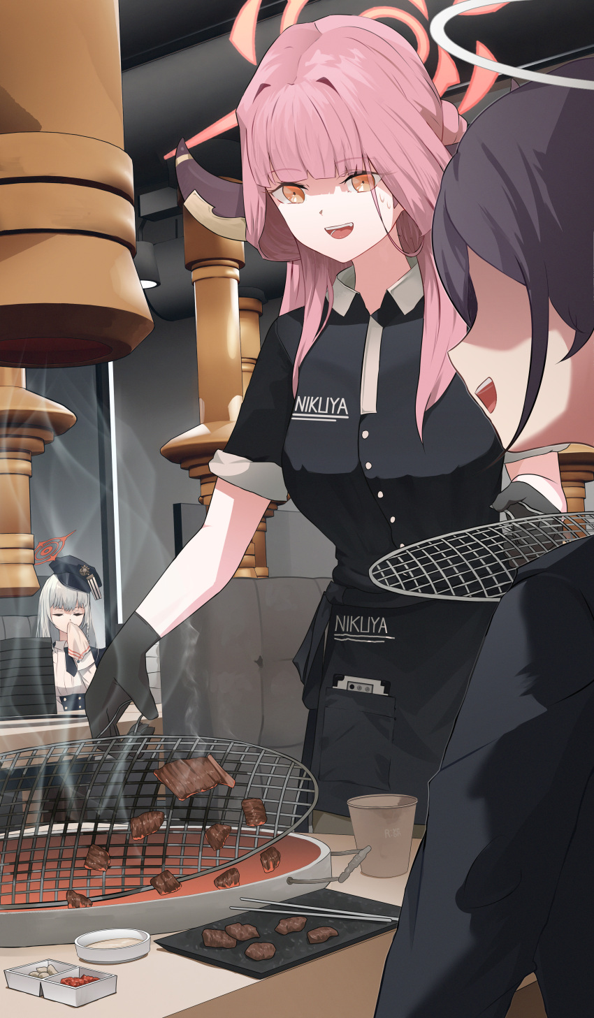 3girls absurdres apron aru_(blue_archive) black_apron black_gloves black_skirt blue_archive breasts closed_eyes demon_horns faceless faceless_female failure food gloves grey_hair grill halo handkerchief haruna_(blue_archive) hat highres holding holding_grill holding_handkerchief horns meat medium_breasts multiple_girls part_time_job peaked_cap pink_hair restaurant revision ryeon_(bluetom1) skirt sleeves_rolled_up smoke_extractor sweatdrop waist_apron you're_doing_it_wrong