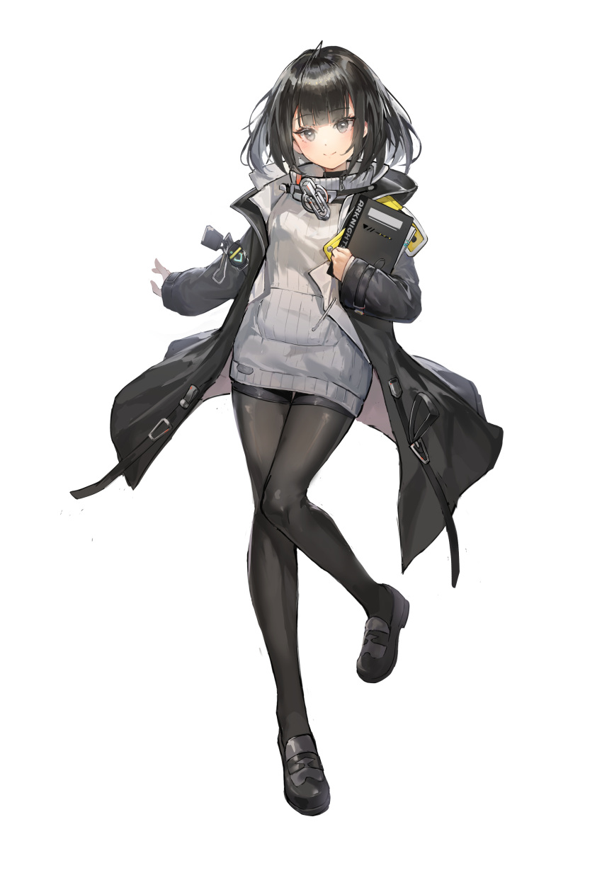 1girl absurdres arknights arknights:_endfield black_coat black_eyes black_footwear black_hair blush book closed_mouth coat dress female_endministrator_(arknights) full_body grey_dress grey_sweater highres holding holding_book long_sleeves looking_at_viewer open_clothes open_coat shoes short_hair simple_background smile solo sweater sweater_dress turtleneck turtleneck_sweater white_background xiao_dingdang_nayo