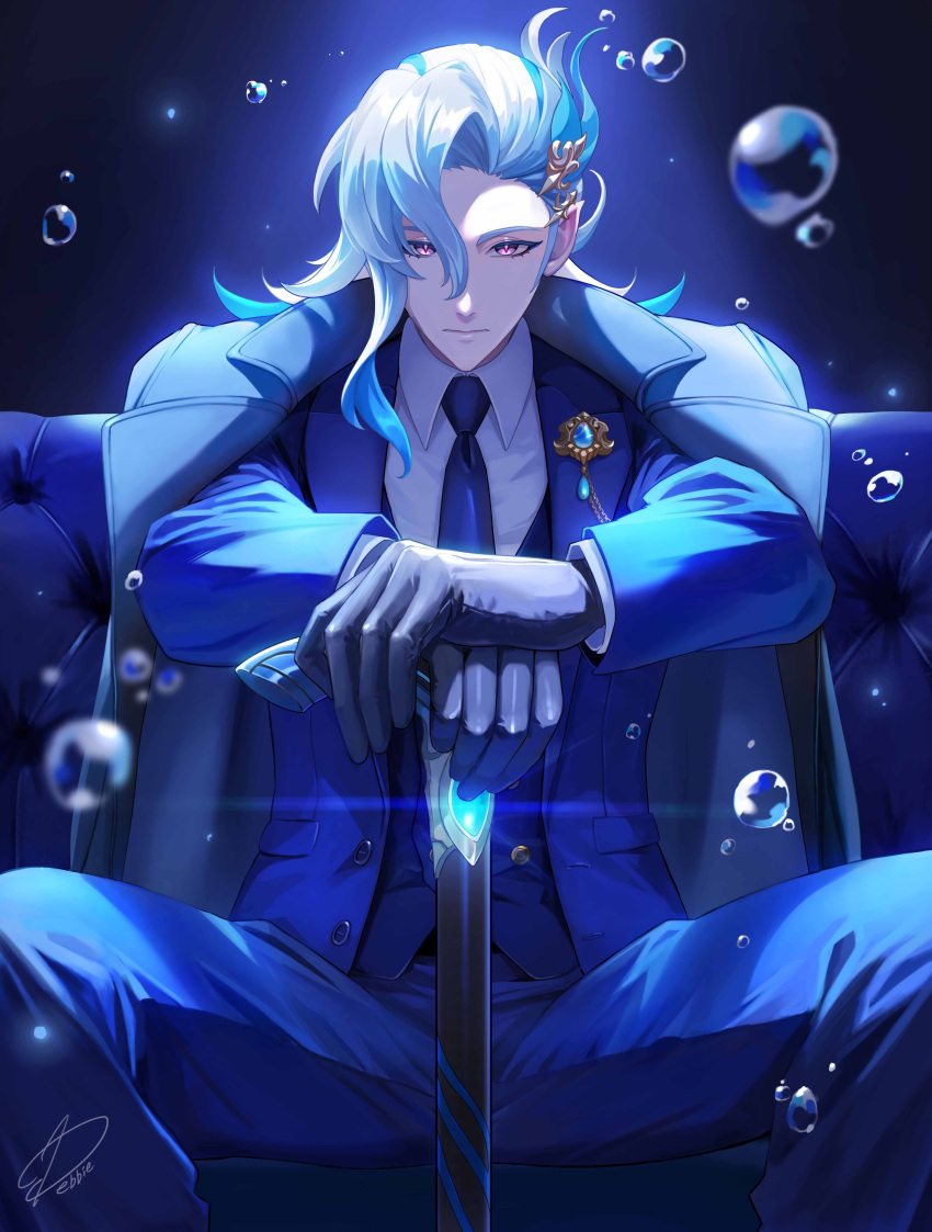 1boy absurdres air_bubble artist_name asymmetrical_bangs black_gloves blue_coat blue_eyeliner blue_gemstone blue_hair blue_jacket blue_necktie blue_pants blue_vest bubble buttons cane closed_mouth coat coat_on_shoulders collared_shirt commentary couch debbie_(debbielu9972) dress_shirt english_commentary expressionless eyeliner gem genshin_impact gloves hair_between_eyes hair_ornament highres jacket lapel_pin lapels long_hair long_sleeves looking_at_viewer makeup male_focus multicolored_hair necktie neuvillette_(genshin_impact) on_couch open_clothes open_jacket pants parted_bangs pointy_ears shirt signature sitting solo streaked_hair suit vest violet_eyes white_hair white_shirt wing_collar