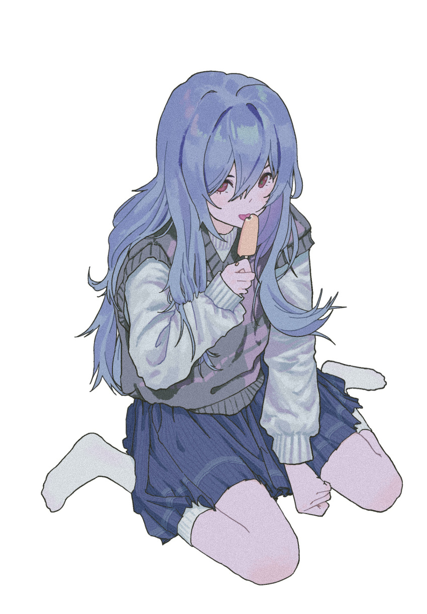 1girl ayanami_rei between_legs blue_hair blue_skirt chinese_commentary commentary_request eating expressionless film_grain food from_above full_body grey_vest hair_between_eyes hand_between_legs highres holding holding_food holding_popsicle huadan_xie kneehighs long_hair looking_at_viewer neon_genesis_evangelion no_shoes popsicle red_eyes simple_background sitting skirt socks solo sweater tongue tongue_out vest wariza white_background white_socks white_sweater