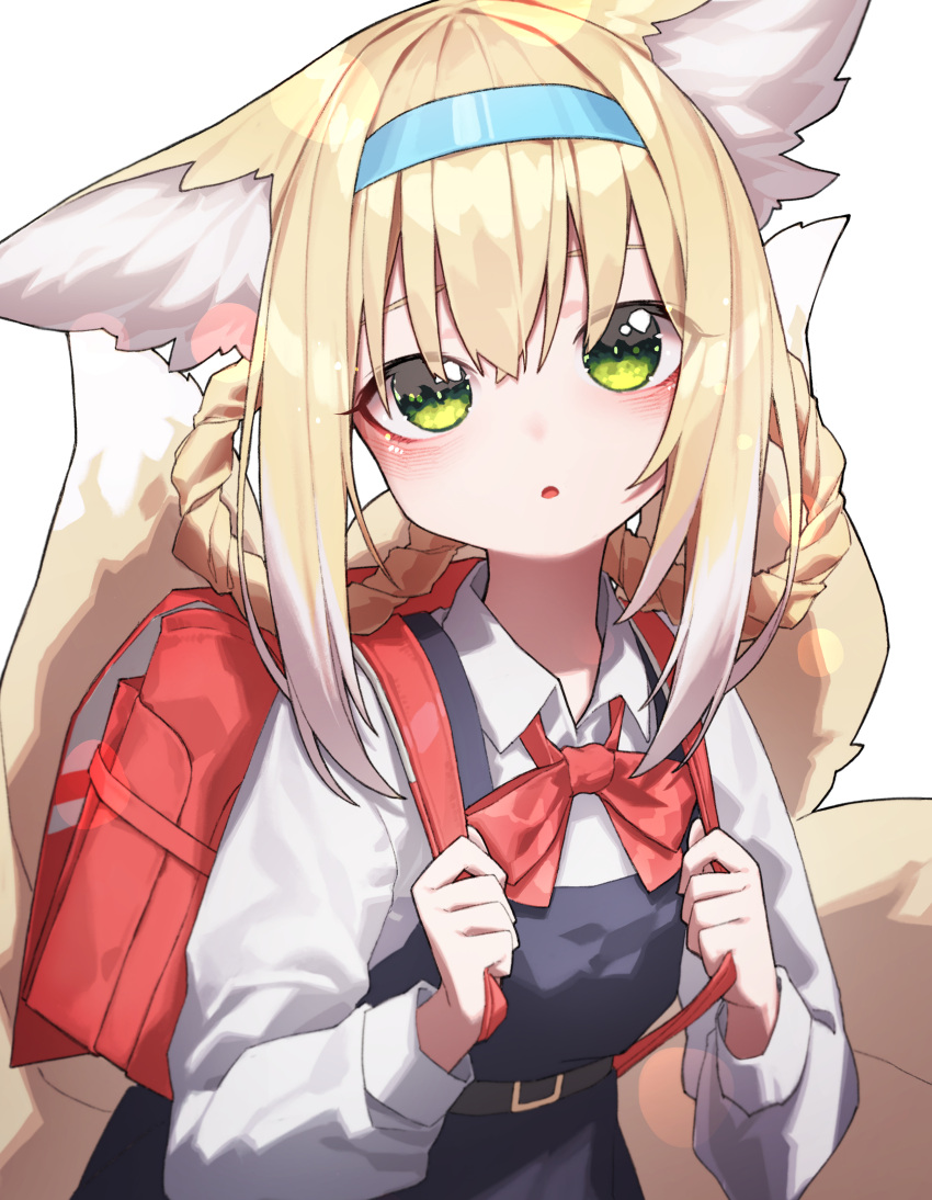 absurdres alternate_costume animal_ears arknights backpack bag beudelb blonde_hair blue_dress blush bow bowtie braid braided_hair_rings collared_shirt colored_tips commentary cosplay dress fox_ears fox_girl fox_tail green_eyes hair_rings highres holding_strap kitsune kyuubi long_sleeves looking_at_viewer multicolored_hair multiple_tails parted_lips pinafore_dress puffy_long_sleeves puffy_sleeves red_bag red_bow red_bowtie shigure_ui_(vtuber)_(cosplay) shigure_ui_(young)_(vtuber) shirt short_hair simple_background sleeveless sleeveless_dress suzuran_(arknights) tail twin_braids white_background white_hair white_shirt