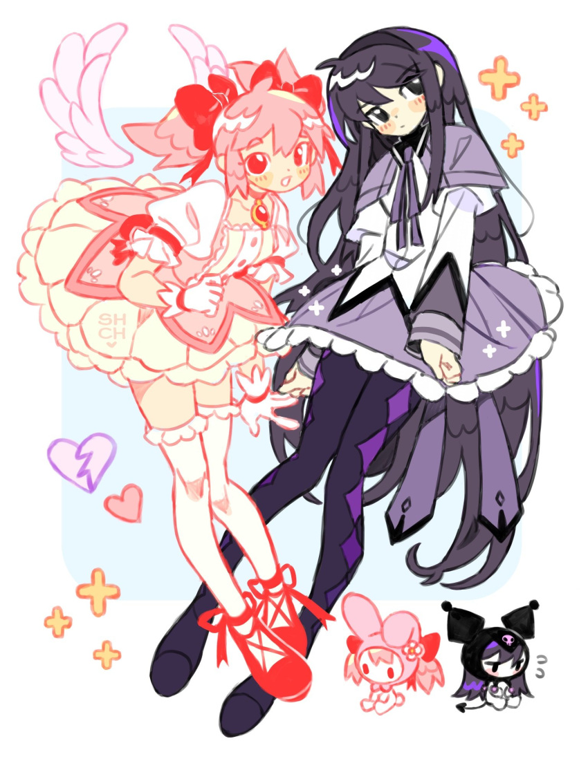 2girls ahoge akemi_homura akemi_homura_(cosplay) angel_wings animal_ears argyle black_collar black_eyes black_footwear black_hair black_hairband black_hood blush_stickers boots bow broken_heart bubble_skirt buttons capelet center_frills chest_jewel choker circle_skirt clenched_hands closed_mouth clothes_lift collar collarbone collared_capelet commentary cosplay cross-laced_footwear demon_tail detached_wings dress eyelashes floppy_ears flower flying_sweatdrops footwear_ribbon frilled_dress frilled_skirt frilled_sleeves frilled_thighhighs frills frown full_body gloves hair_bow hairband hat hat_flower high_collar highres juliet_sleeves kaname_madoka kaname_madoka_(cosplay) kuromi leaning_forward long_hair long_sleeves looking_at_viewer looking_to_the_side magical_girl mahou_shoujo_madoka_magica mahou_shoujo_madoka_magica_(anime) miniskirt multiple_girls my_melody open_mouth petticoat pink_choker pink_dress pink_hair pink_hood puffy_short_sleeves puffy_sleeves purple_capelet purple_skirt purple_sleeves rabbit_ears rabbit_tail red_bow red_eyes red_footwear red_ribbon ribbon sanrio sharpycharot shoes short_hair short_sleeves short_twintails simple_background skirt skirt_lift skull_print sleeve_bow smile soul_gem sparkle square_neckline symbol-only_commentary tail thigh-highs thigh_boots twintails two-tone_sleeves very_long_hair white_background white_dress white_flower white_gloves white_skirt white_sleeves white_thighhighs white_wings wings