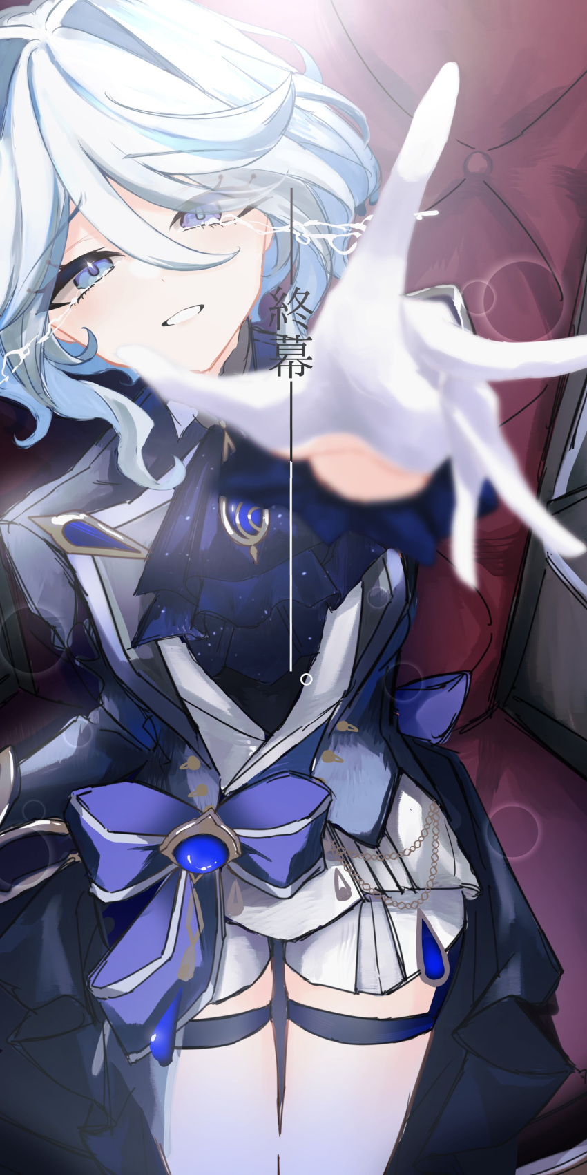 1girl absurdres ascot blue_ascot blue_brooch blue_eyes blue_hair blue_jacket cowboy_shot crying crying_with_eyes_open furina_(genshin_impact) furrowed_brow genshin_impact gloves hair_between_eyes heterochromia highres hzulip jacket looking_at_viewer multicolored_hair reaching reaching_towards_viewer shorts sidelocks sitting smile solo streaked_hair tears throne two-tone_hair white_shorts