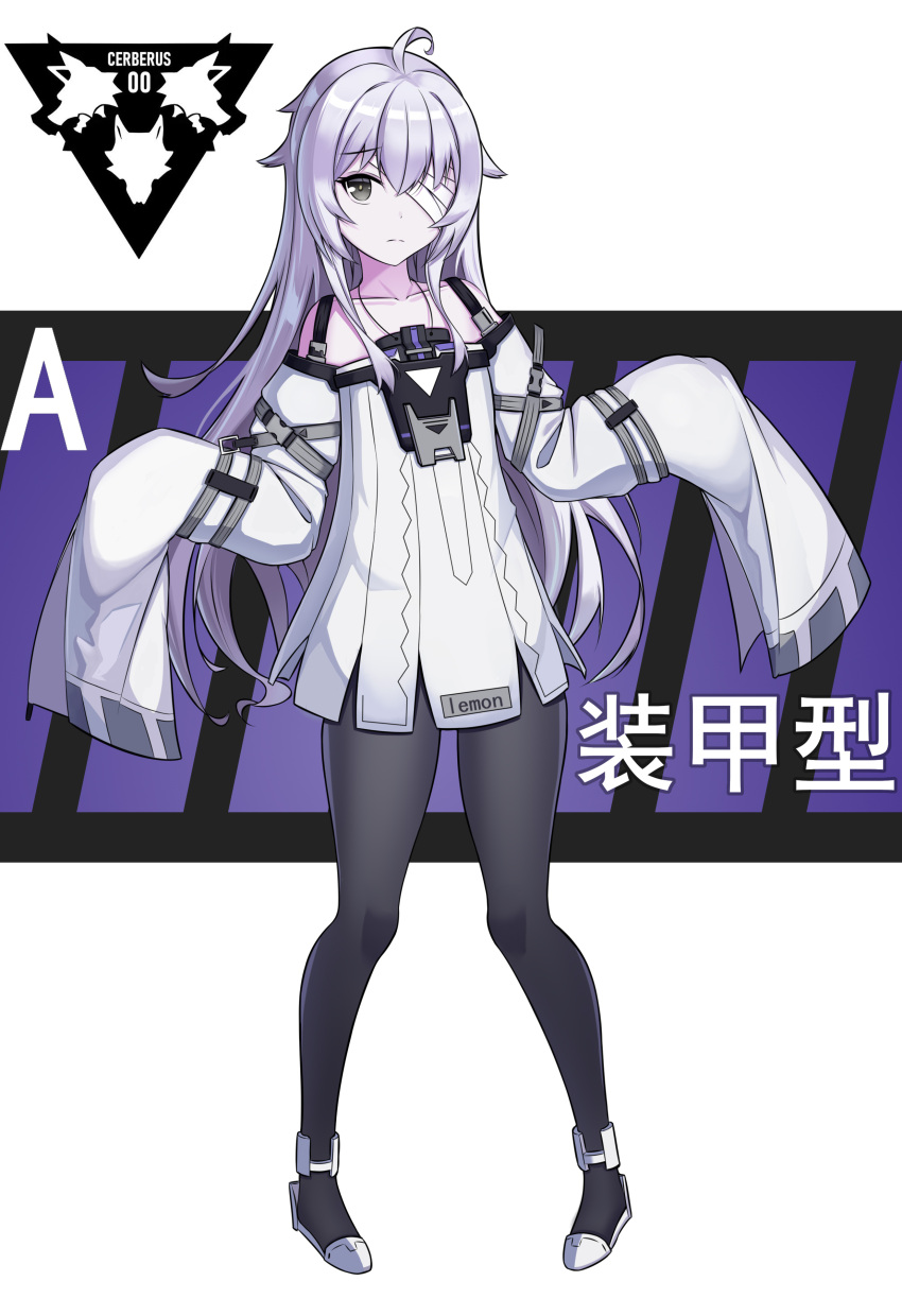 1girl absurdres ahoge black_pantyhose commentary_request detached_sleeves dress full_body grey_dress grey_hair grey_sleeves hair_between_eyes hair_flaps highres long_hair ningmengege no.21:_xxi_(punishing:_gray_raven) no.21_(punishing:_gray_raven) pale_skin pantyhose punishing:_gray_raven sidelocks sleeves_past_fingers sleeves_past_wrists solo suspenders translation_request unkempt