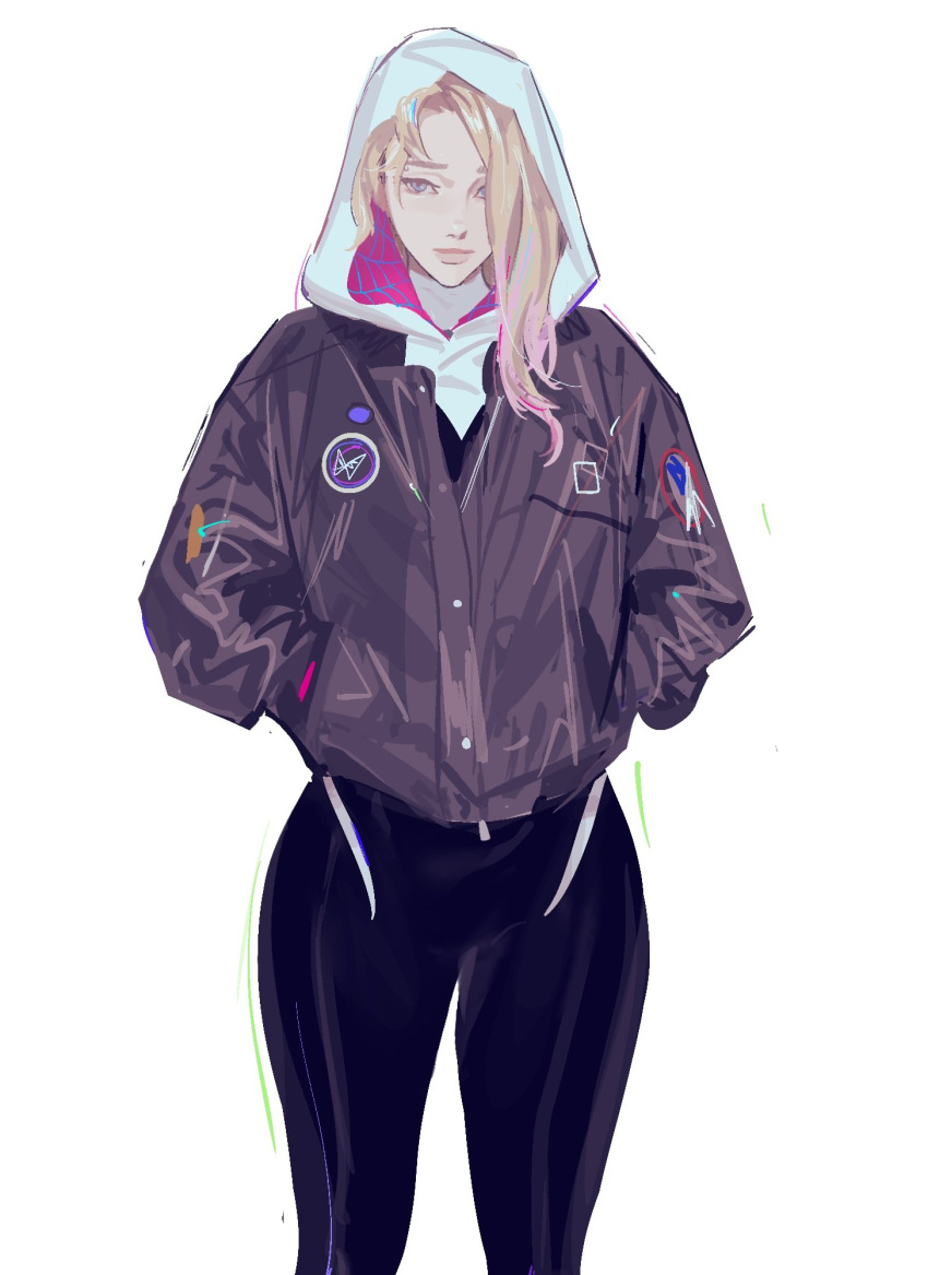 1girl black_bodysuit blonde_hair blue_eyes bodysuit brown_jacket buttons closed_mouth gwen_stacy hair_over_one_eye hands_in_pockets highres hood hooded_bodysuit jacket lips long_sleeves looking_at_viewer marvel medium_hair multicolored_bodysuit multicolored_clothes multicolored_hair pink_bodysuit pink_hair pocket puffy_long_sleeves puffy_sleeves simple_background smile solo spider-gwen spider-man:_into_the_spider-verse spider-man_(series) spider-verse spider_web_print standing two-tone_hair white_background white_bodysuit xinanfang217