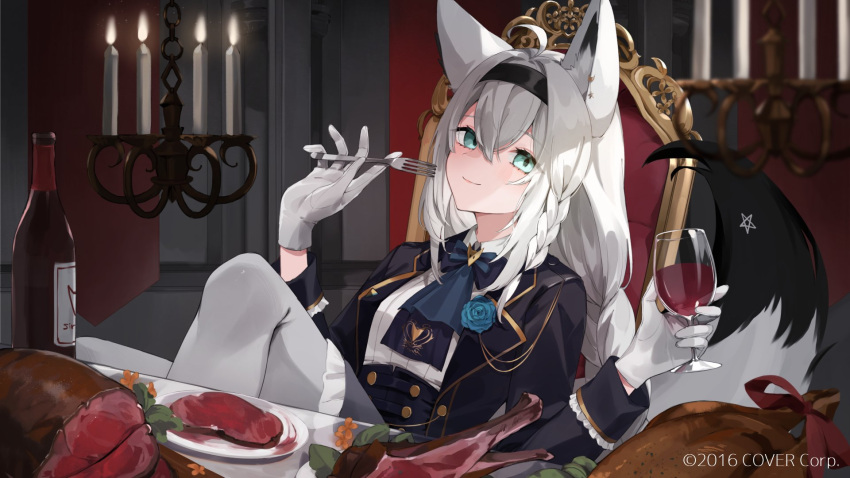 1girl ahoge alcohol animal_ears aqua_eyes ascot banner black_hairband black_jacket blue_ascot blue_bow blue_bowtie bottle bow bowtie braid candle chair chandelier chicken_(food) collared_shirt cup drinking_glass feet_out_of_frame flower food fork fox_ears fox_girl fox_tail frilled_skirt frilled_sleeves frills gloves gold_trim grey_skirt hair_between_eyes hair_intakes hairband highres holding holding_cup holding_fork hololive indoors jacket kairi630 knee_up lapels leaf long_hair long_sleeves looking_at_viewer low-braided_long_hair meat notched_lapels official_alternate_costume official_art open_clothes open_jacket orange_flower osmanthus pantyhose plate red_ribbon ribbon shirakami_fubuki shirakami_fubuki_(6th_costume) shirt side_braid sidelocks single_braid sitting skirt sleeve_cuffs smile solo table tail underbust virtual_youtuber white_gloves white_hair white_pantyhose white_shirt wine wine_bottle wine_glass