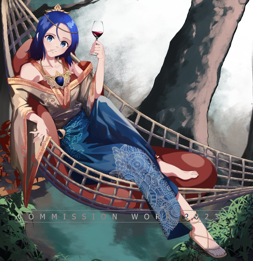 1girl ahrara alcohol anklet bare_shoulders batik blue_gemstone blue_hair blue_sarong collarbone commission commission_watermark commissioner_upload cup drinking_glass forehead gem hammock head_chain highres indonesian_clothes jewelry looking_at_viewer nature necklace original outdoors pillow sandals sarong scar scar_on_face shoes short_hair single_shoe smile toenails toes tree water wine wine_glass