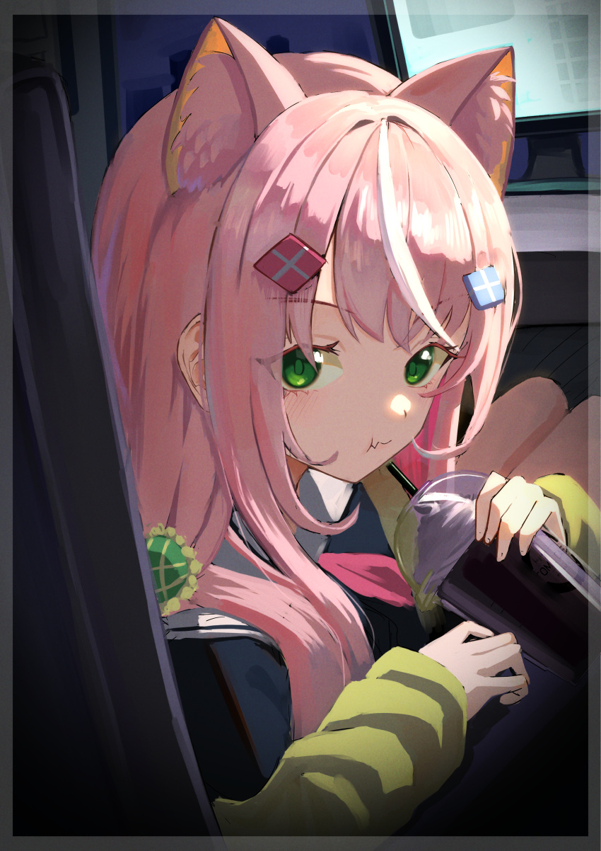 1girl absurdres animal_ear_fluff animal_ears cat_ears chewing cup drink extra_ears eyelashes fang green_eyes hair_ornament highres holding holding_cup long_hair long_sleeves magurosamm multicolored_hair nijisanji pink_hair pout sitting skin_fang solo streaked_hair virtual_youtuber yang_nari