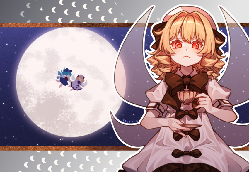 2girls artist_name black_bow blonde_hair bow cirno cup curly_hair dress fairy full_moon hat holding holding_cup looking_at_viewer luna_child moon multiple_girls red_eyes short_sleeves solo_focus star_(sky) tojorin touhou upper_body white_dress wings