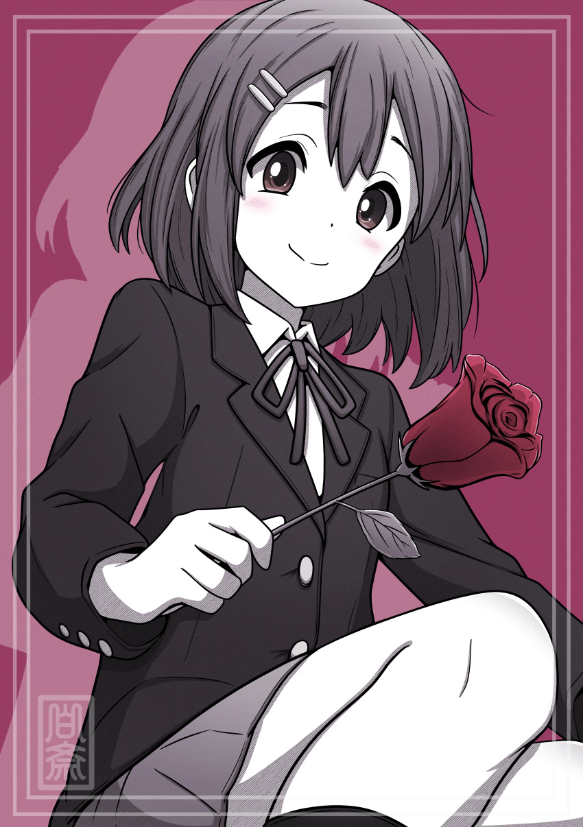 1girl absurdres black_socks blazer blush closed_mouth collared_shirt commentary_request flower hair_between_eyes hair_ornament hairclip hakusai_(user_nkkd7242) highres hirasawa_yui holding holding_flower jacket k-on! kneehighs long_sleeves neck_ribbon red_flower red_rose ribbon rose sakuragaoka_high_school_uniform school_uniform shirt short_hair sitting smile socks solo winter_uniform