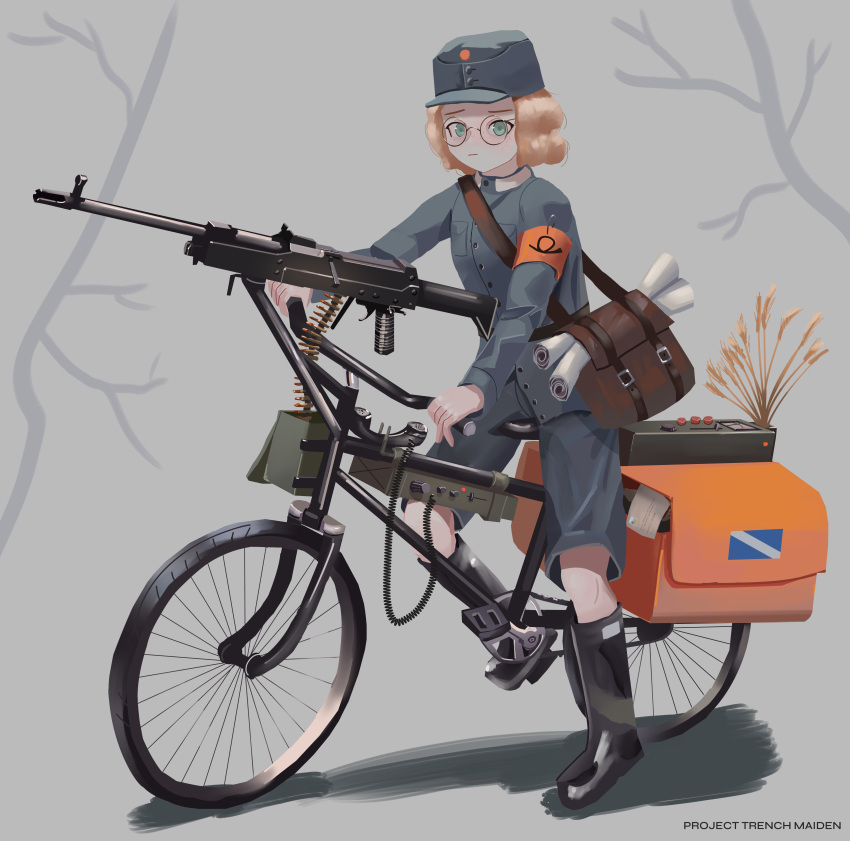 1girl absurdres ammunition ammunition_belt ammunition_box aqua_eyes armband bag bare_tree bicycle bicycle_bag blonde_hair brown_bag buttons closed_mouth commentary corded_phone english_commentary expressionless field_cap field_radio full_body gauge glasses grey_headwear grey_jacket grey_shorts gun hat highres jacket klottinen long_sleeves looking_at_viewer machine_gun messenger_bag military_hat military_jacket on_vehicle orange_armband original paper phone plant radio riding riding_bicycle rifle_cartridge round_eyewear safety_pin short_hair shorts shoulder_bag soldier solo tree weapon wheat