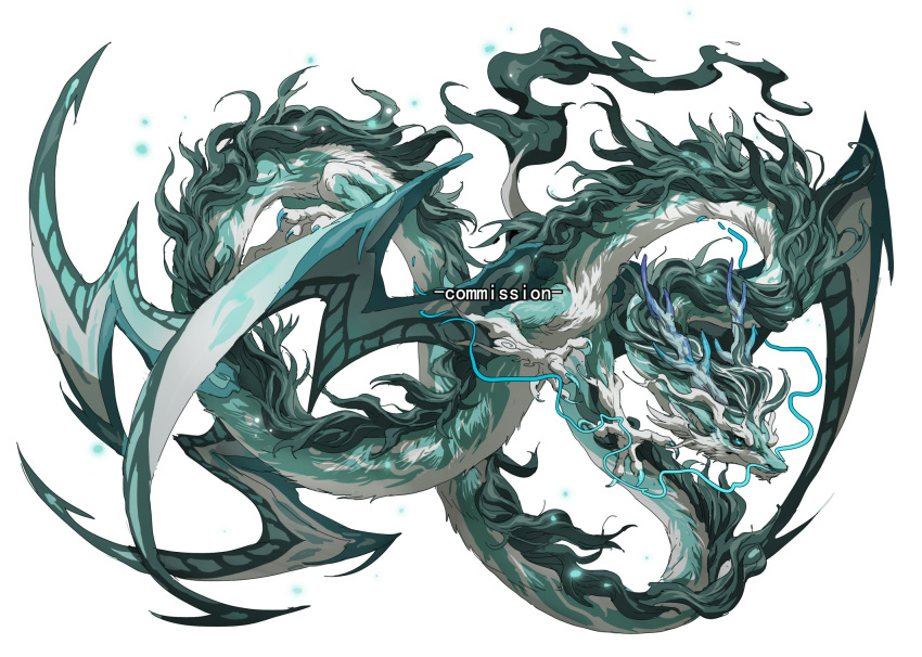 animal_focus antlers blue_eyes body_fur claws commission dragon eastern_dragon from_side full_body green_fur highres horns mane multiple_wings no_humans original simple_background solo white_background white_fur wings xiaopizi32439
