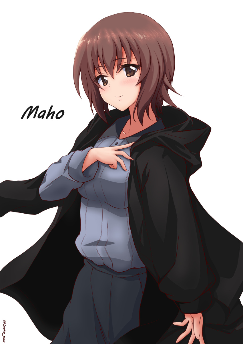 1girl absurdres black_skirt brown_eyes brown_hair character_name closed_mouth coat coat_on_shoulders dress_shirt girls_und_panzer grey_shirt half-closed_eyes hand_on_own_chest highres hood hood_down hooded_coat inaka_pan kuromorimine_school_uniform light_blush long_sleeves looking_at_viewer miniskirt nishizumi_maho pleated_skirt school_uniform shirt short_hair simple_background skirt smile solo standing twitter_username white_background wing_collar