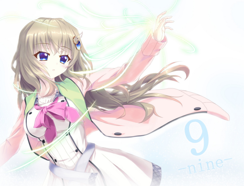 1girl 9-nine- absurdres arm_up blue_eyes blush bow breasts cardigan commentary_request copyright_name cowboy_shot dress energy eyelashes eyes_visible_through_hair floating_clothes floating_hair gear_hair_ornament glowing glowing_hand hair_between_eyes highres kujou_miyako large_breasts light_brown_hair long_hair looking_afar noughtnameleyna open_cardigan open_clothes parted_lips pink_bow pink_cardigan school_uniform sidelocks simple_background sleeves_past_wrists solo standing star_(symbol) very_long_hair white_background white_dress wing_hair_ornament