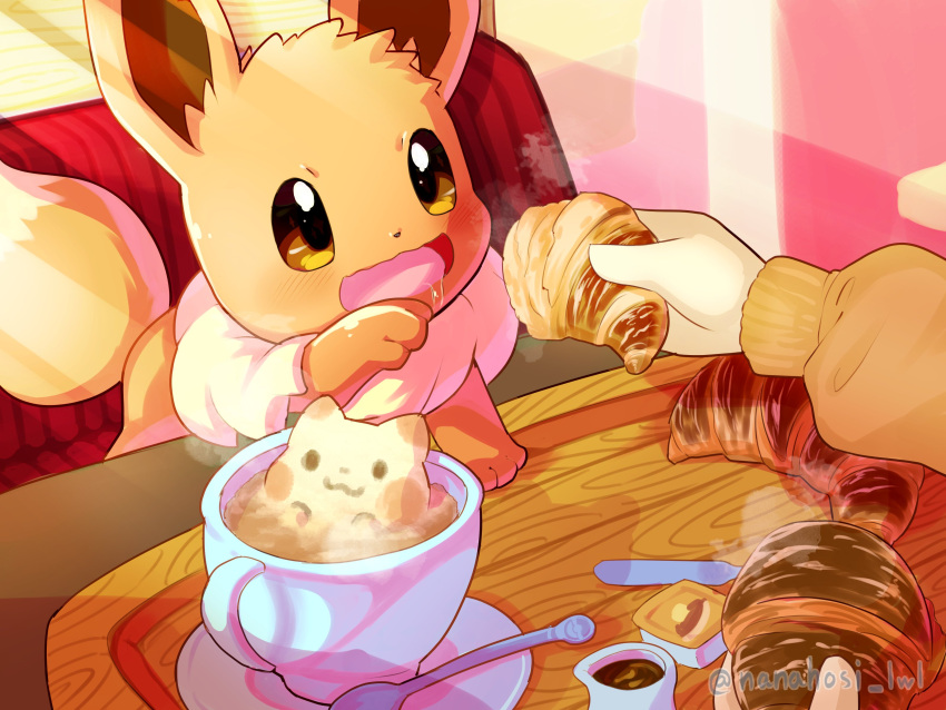 1other absurdres animal_focus artist_name brown_eyes brown_fur butter commentary_request croissant cup eevee feeding food highres nanahoshi_(wadorigi) plate pokemon pokemon_(creature) solid_oval_eyes spoon teacup