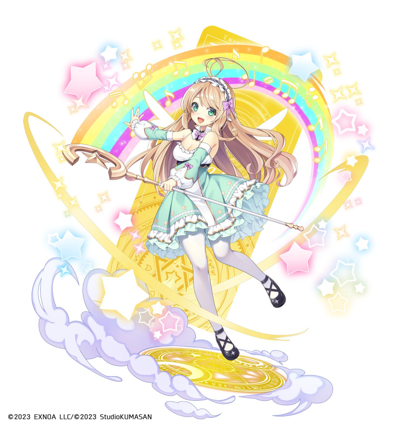 1girl ahoge angel_wings azma_(mitch55) brown_hair character_request detached_collar detached_sleeves dress frilled_dress frills full_body green_eyes hair_ribbon hairband halo highres holding holding_staff long_hair magic_circle pantyhose rainbow ribbon smoke sparkle staff star_(symbol) twinkle_star_knights white_pantyhose wings
