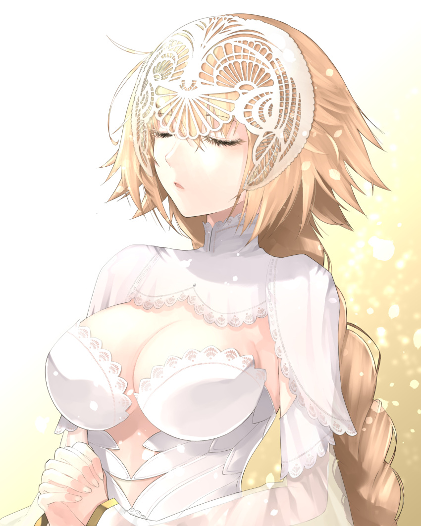 1girl alternate_costume blonde_hair braid breasts closed_eyes dress fate/grand_order fate_(series) hazuki-a headpiece highres jeanne_d'arc_(fate) large_breasts long_braid long_hair long_sleeves open_mouth single_braid solo upper_body very_long_hair white_dress