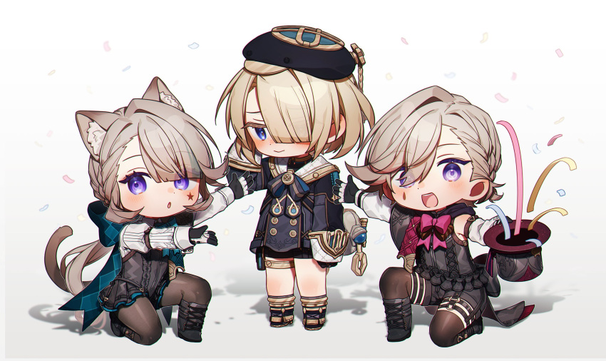 1girl 2boys :o animal_ear_fluff animal_ears blonde_hair blue_eyes blush bow bowtie cat_ears cat_girl cat_tail chibi closed_mouth confetti coojisan facial_mark freminet_(genshin_impact) full_body genshin_impact gloves grey_hair hair_between_eyes hair_over_one_eye hat highres holding holding_clothes holding_hat jacket leotard long_hair looking_at_viewer lynette_(genshin_impact) lyney_(genshin_impact) multiple_boys on_one_knee open_mouth parted_lips shorts standing star_(symbol) star_facial_mark streamers tail teardrop_facial_mark thigh_strap top_hat violet_eyes