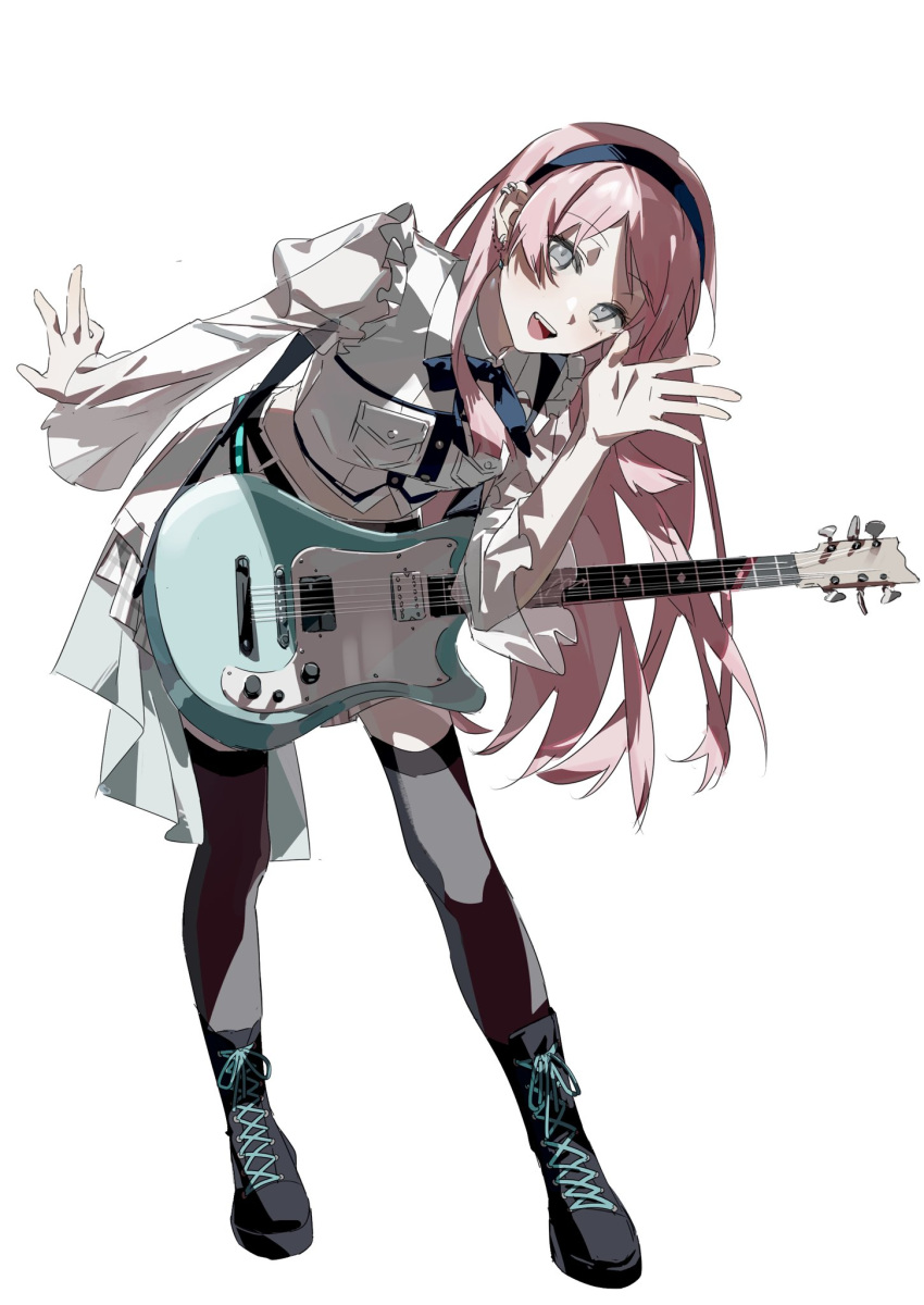 1girl bang_dream! bang_dream!_it's_mygo!!!!! black_thighhighs blue_bow blue_bowtie blue_eyes blue_hairband boots bow bowtie chihaya_anon collared_shirt earrings electric_guitar frills guitar hairband hand_up highres instrument jewelry knee_boots leaning_forward long_hair looking_at_viewer midriff open_mouth outstretched_arm pink_hair qing_yan_xia shirt skirt solo standing thigh-highs waving white_background