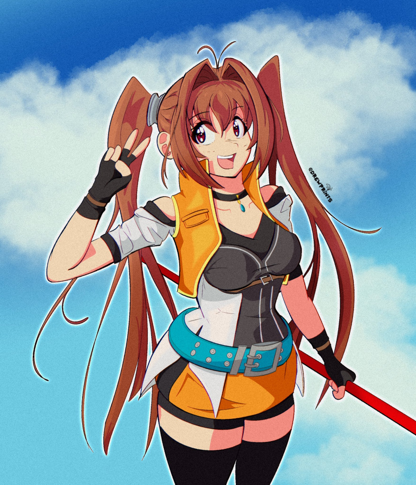 1girl ahoge black_gloves blue_sky breasts brown_eyes brown_hair clouds cropped_jacket curtained_hair drewprints eiyuu_densetsu english_commentary estelle_bright fingerless_gloves gloves highres holding holding_staff jewelry looking_at_viewer medium_breasts necklace sen_no_kiseki shorts sky smile solo sora_no_kiseki staff thigh-highs twintails v