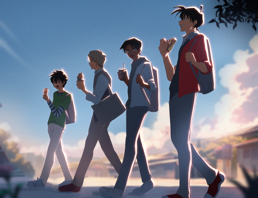 4boys absurdres black_hair blue_eyes blue_sky blurry blurry_background closed_mouth drink food green_shirt grey_bag grey_pants grin hakuba_saguru hattori_heiji highres holding holding_drink holding_food holding_ice_cream ice_cream jacket kudou_shin'ichi kuroba_kaito long_legs looking_ahead looking_at_another magic_kaito magurosamm male_focus meitantei_conan multiple_boys open_mouth pants red_footwear red_jacket shirt shoes sky smile sneakers striped striped_shirt walking white_footwear white_jacket