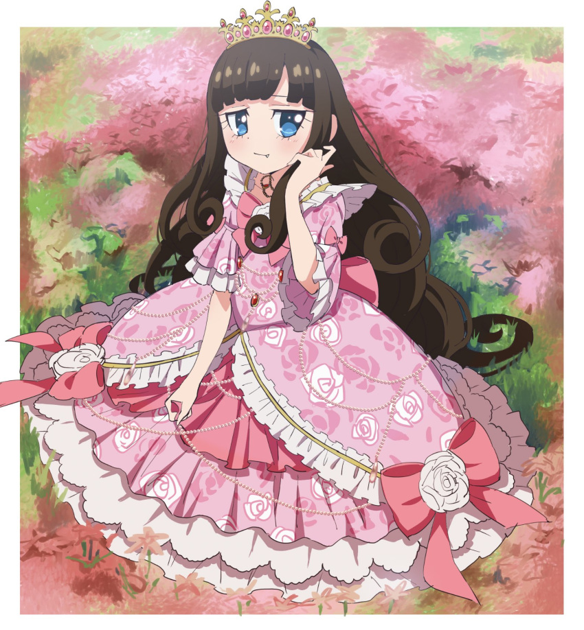 1girl beads blue_eyes blunt_bangs blush border bow brown_hair closed_mouth commentary_request crown curly_hair dress edamame_(buruburu) fang floral_print frilled_dress frilled_sleeves frills hand_up highres kurosu_aroma long_hair looking_at_viewer pink_bow pink_dress pretty_(series) pripara shy smile solo very_long_hair white_border