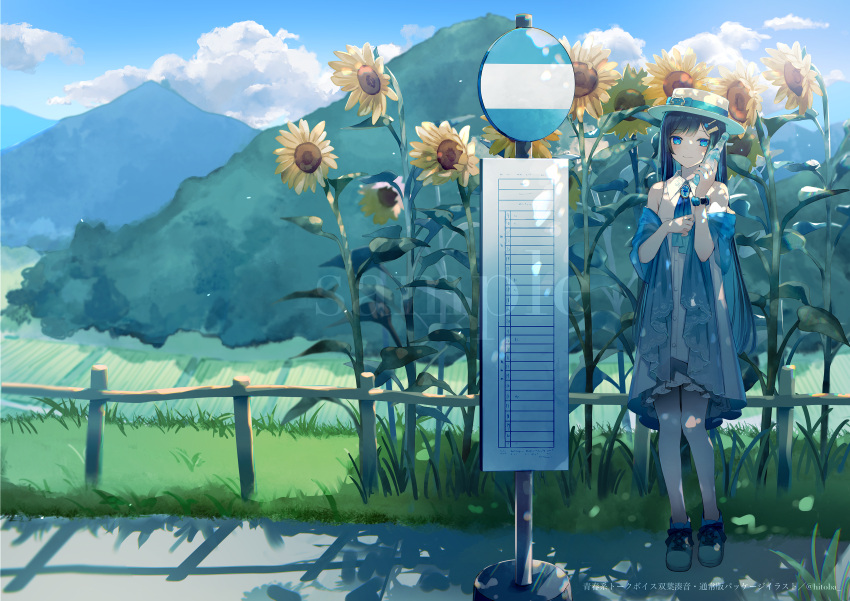 1girl absurdres artist_name black_hair blue_brooch blue_eyes blue_hair blue_ribbon blue_shawl blush boater_hat bottle bottle_to_cheek bus_stop bus_stop_sign cevio closed_mouth collared_dress colored_inner_hair commentary copyright_notice dappled_sunlight day dress flower full_body futaba_minato gradient_neck_ribbon hair_ornament hairclip hands_up hat hat_ribbon highres hitoba holding holding_bottle lace-trimmed_dress lace-trimmed_shawl lace_trim layered_dress looking_at_viewer multicolored_hair official_art outdoors ramune ribbon sample_watermark shawl shoes sleeveless sleeveless_dress smartwatch smile sneakers solo standing sunflower sunlight twitter_username watch watch watermark white_dress