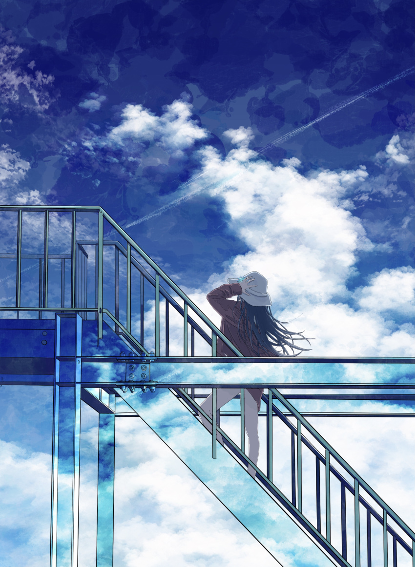 1girl absurdres blue_sky clouds hat highres kumagaya_nono long_hair red_sweater sky stairs sweater white_headwear