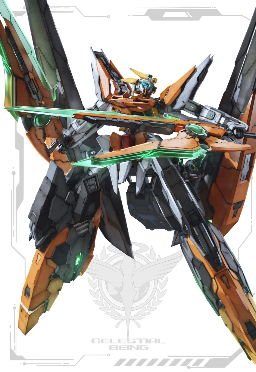 absurdres assault_visor beam_rifle bit_(gundam) blue_eyes celestial_being commentary dual_wielding emblem energy_gun explosion flying glowing glowing_eyes gun gundam gundam_00 gundam_00_a_wakening_of_the_trailblazer gundam_harute highres holding holding_gun holding_weapon laser lolicon_(lolicon42051636) looking_up mecha mobile_suit no_humans robot science_fiction solo v-fin weapon white_background