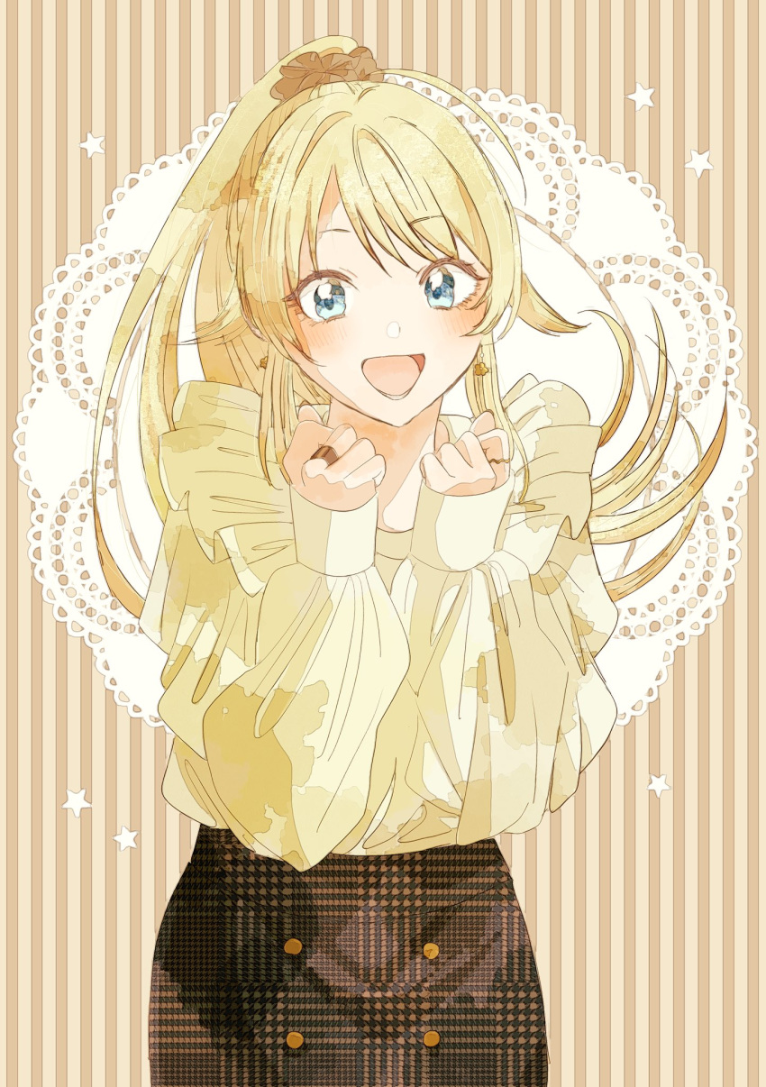 1girl alternate_costume alternate_hairstyle black_skirt blonde_hair blue_eyes brown_shirt clenched_hands commentary_request earrings flower_earrings frilled_shirt frills hachimiya_meguru hands_up highres idolmaster idolmaster_shiny_colors jewelry long_hair long_sleeves looking_at_viewer open_mouth paddy_field parted_bangs plaid plaid_skirt ponytail puffy_long_sleeves puffy_sleeves shirt skirt smile solo star_(symbol) striped striped_background upper_body vertical_stripes