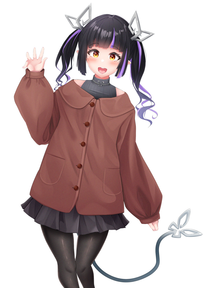 1girl absurdres alternate_costume black_dress black_hair black_pantyhose blunt_bangs blush brown_coat buttons coat commentary_request demon_girl demon_horns demon_tail dress feet_out_of_frame highres horns jewelry kojo_anna long_hair looking_at_viewer medium_bangs multicolored_hair nanashi_inc. necklace open_mouth pantyhose pocket pointy_ears purple_hair robou_no_stone simple_background sleeveless sleeveless_dress sleeves_past_wrists smile solo tail transparent_background twintails two-tone_hair virtual_youtuber waving yellow_eyes